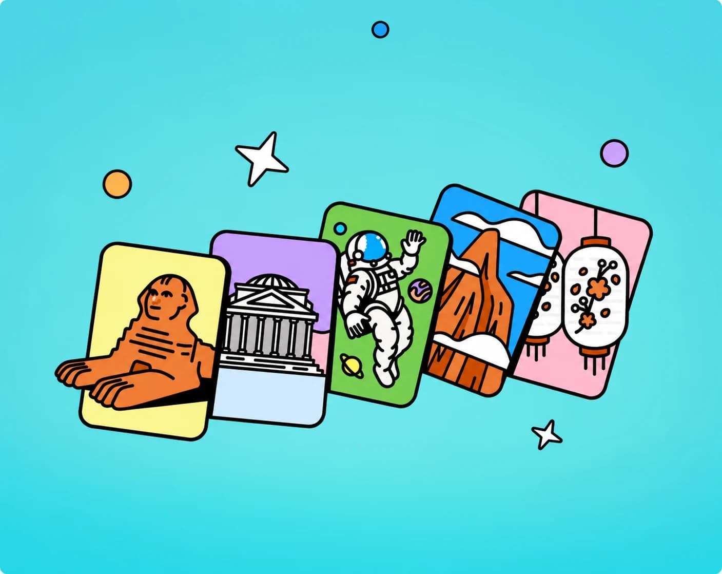 Colorful illustrated background cards featuring an astronaut, mountains and landmarks